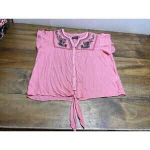 Double D Ranch Pink Floral Embroidered Blouse Tie Front Size XL